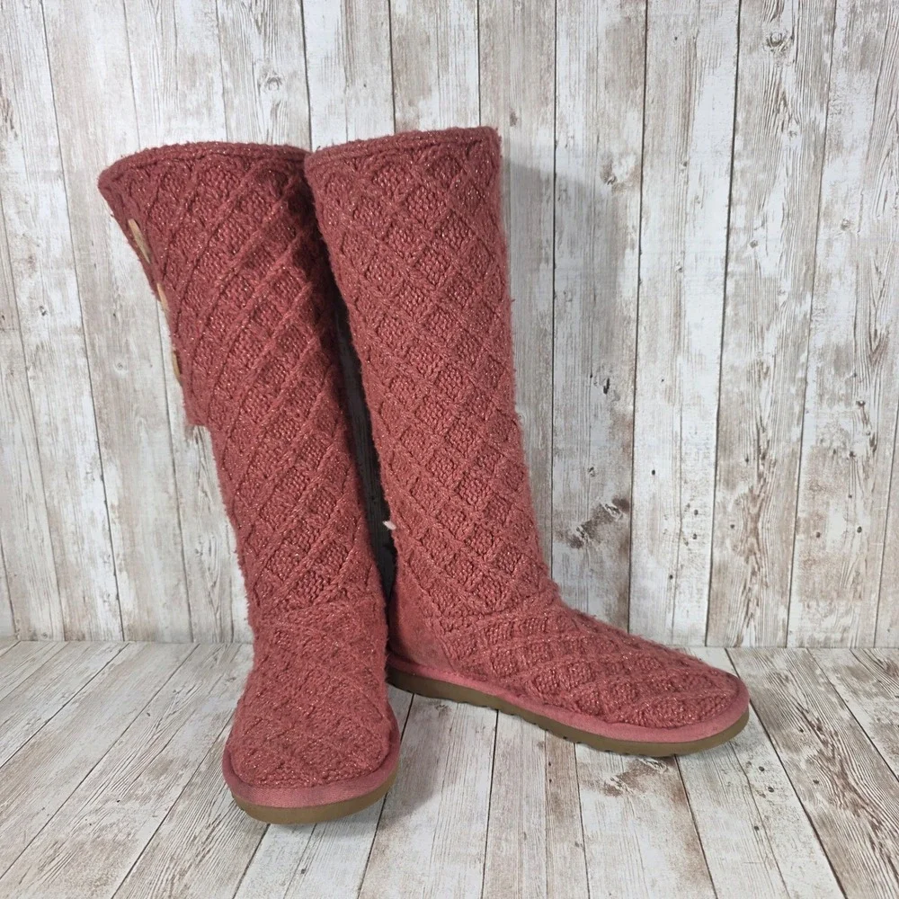 UGG Australia‎ Knit Tall Boots Rose Gold Metallic Buttons Womens Size 6